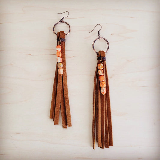 Leather Fringe Earrings with Regalite Orange Beads 100k