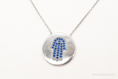 Vintage Blue Cubic Zirconia Hamsa Hand Sterling Silver Necklace