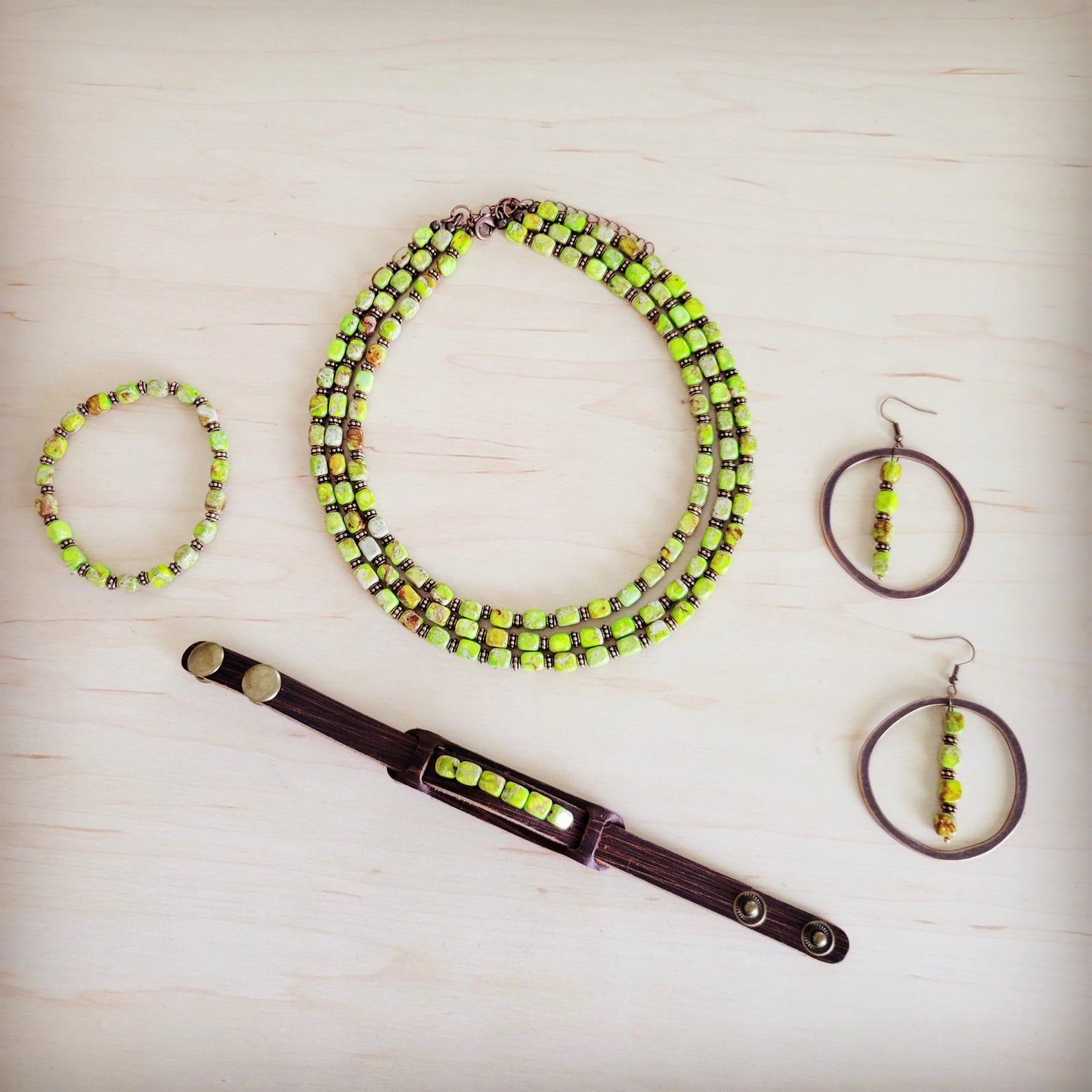 Triple Strand Layered Boho Lime Green Regalite Collar Necklace 264i