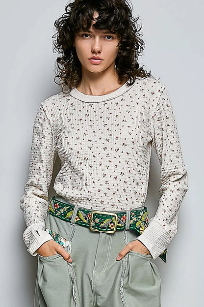 POL Ribbed Knit Floral Crew Neck Long Sleeve Top
