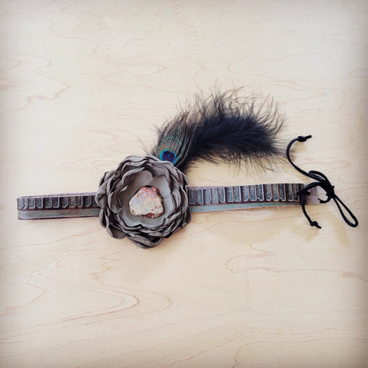 **Leather Hat Band w/ Silk Flower & Feathers-Olive (Band Only) 952z