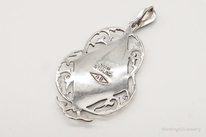 Large Vintage Siam Black Enamel Goddess Dancer Sterling Silver Pendant