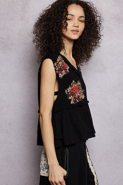 POL Floral Patch Ruffled Sleeveless Top with Raw Edge Detail