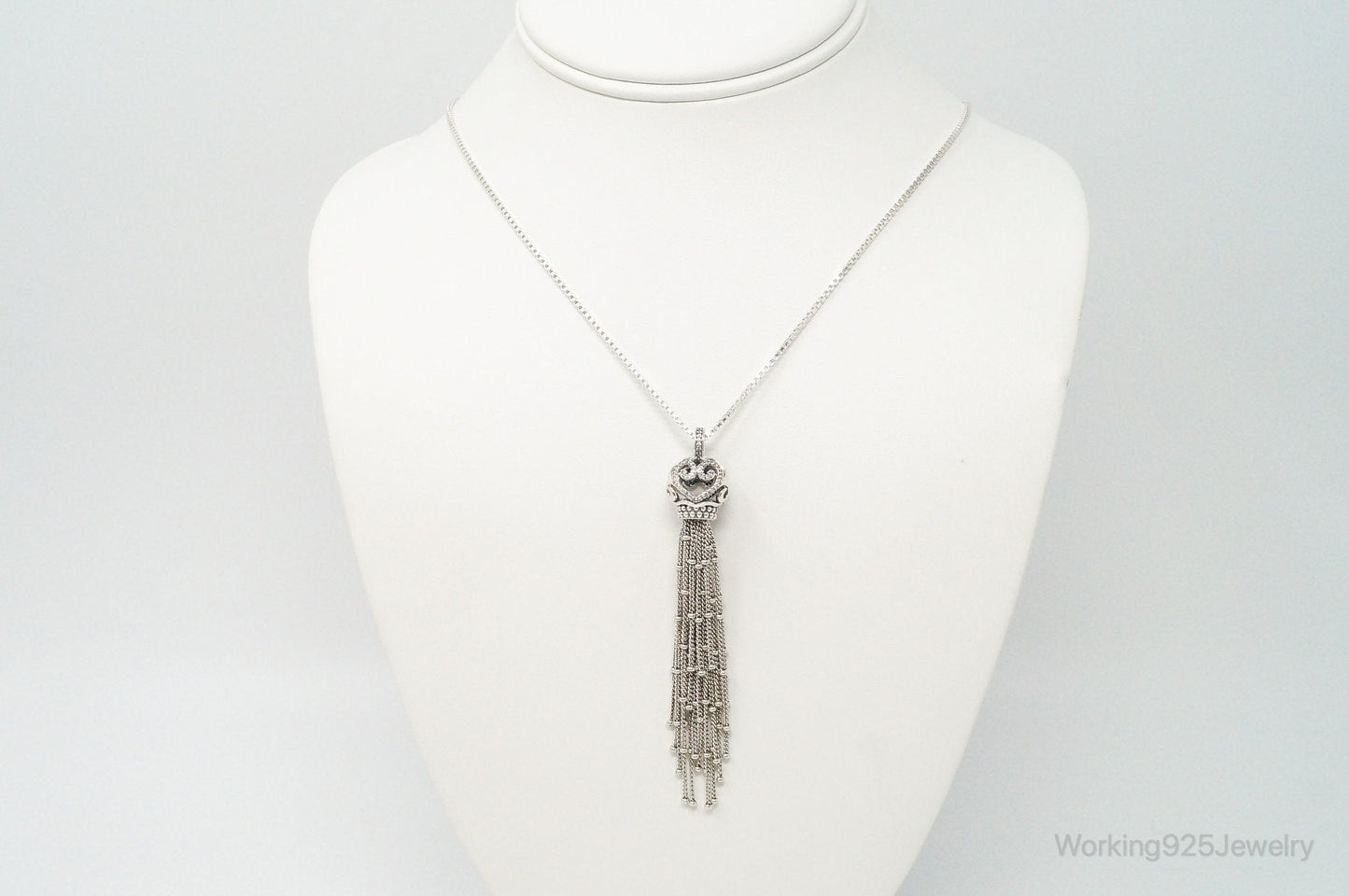 Vintage Open Heart Cubic Zirconia Mesh Sterling Silver Necklace