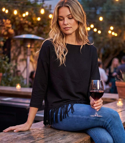 Petite Size 3/4 Sleeve Fringe Boatneck Top