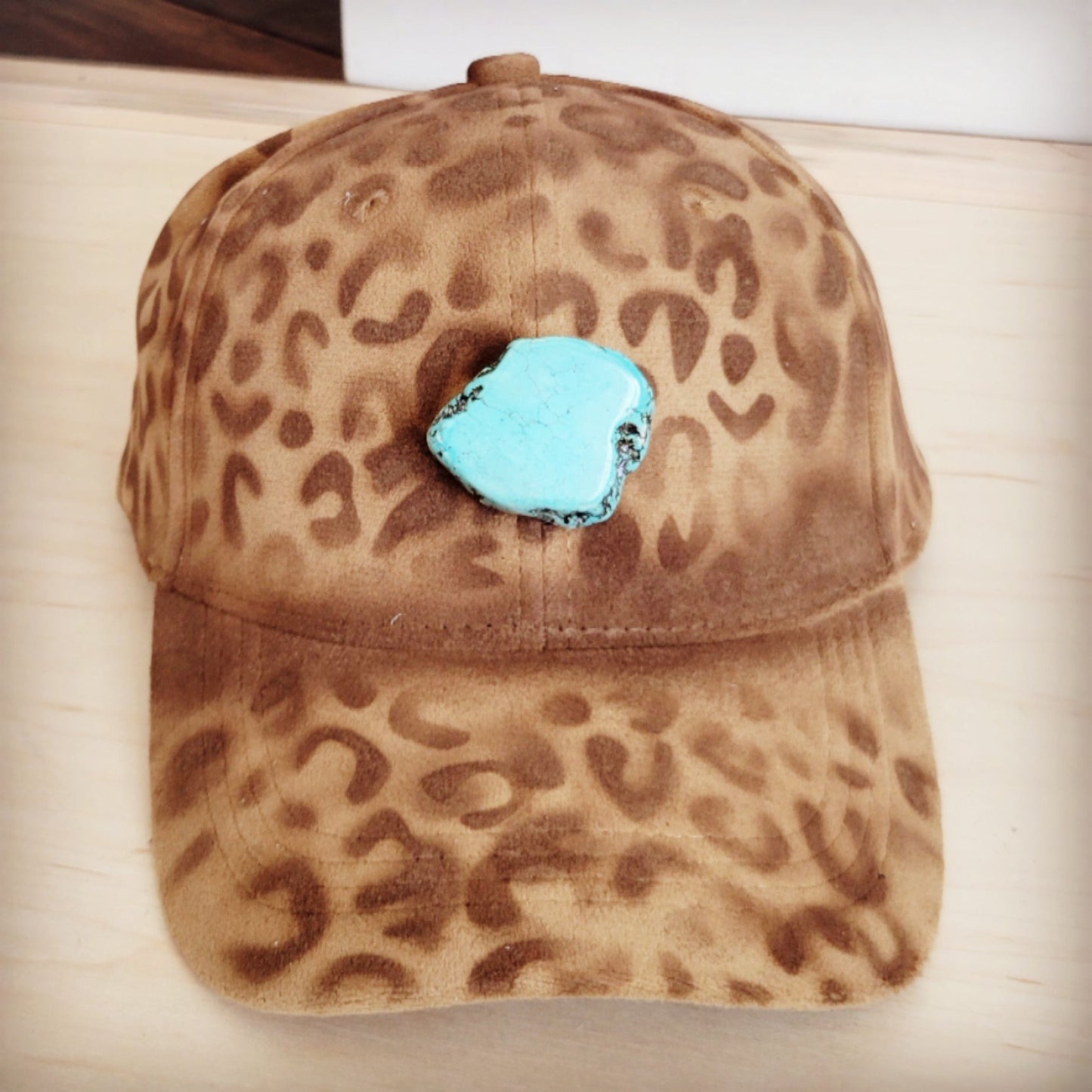 Hand-Painted Leopard Suede Baseball Cap Tan w/ Turq 986u