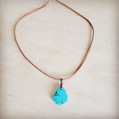 **Turquoise Slab Pendant on Leather Cord Necklace 254d
