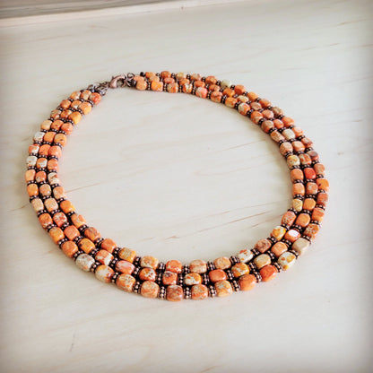 Triple Strand Layered Boho Orange Regalite Necklace 264n