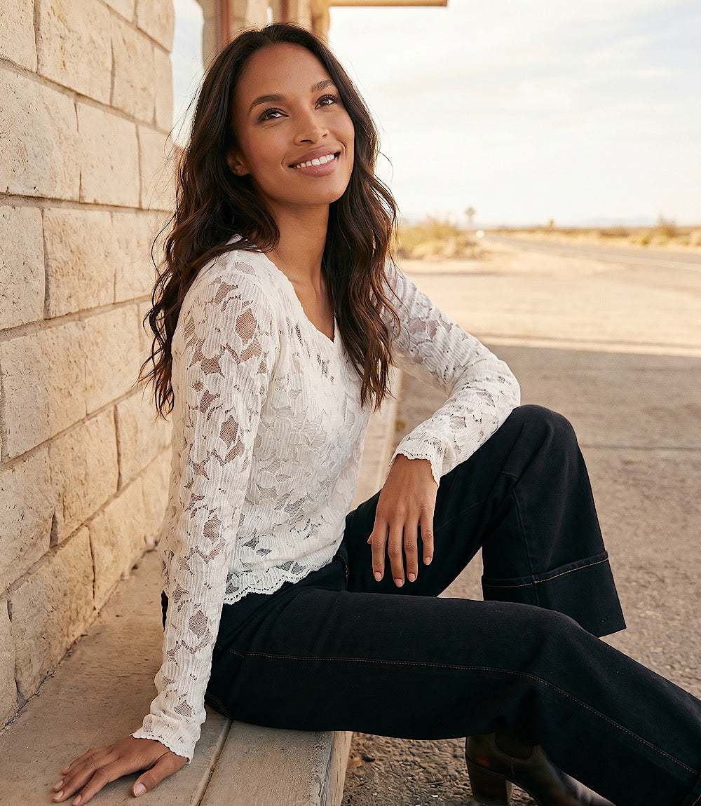 Petite Size Long Sleeve Floral Burnout V-Neck Top