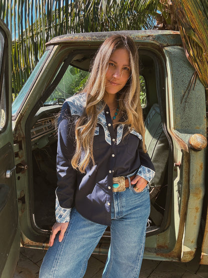 John Wayne Western Pearl Snap Button Up Top In Denim Blue