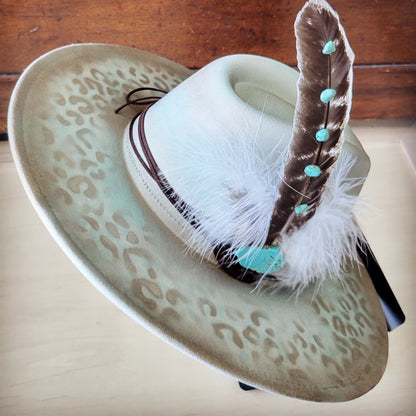 Hand-Painted Leopard Boho Western Cowgirl Hat & Band Mint 987d