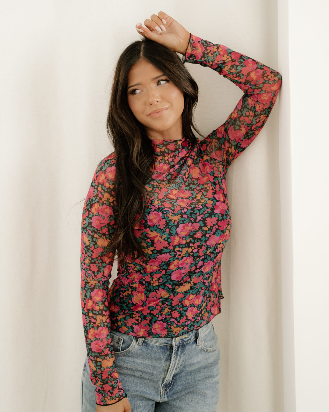 Summer Slim Fit Floral Mesh Long Sleeve Mock Neck Top - Rose
