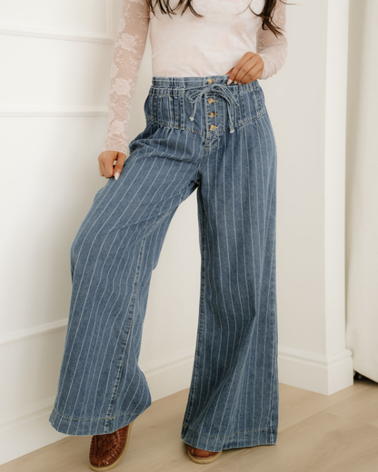 PREORDER - Cora Stripe Button Pleated Drawstring Waist Casual Wide Leg Jeans