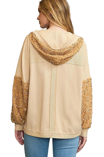 Garden Naked Womens Casual Bomber Jacket Sequin Embellished Hooded Cardigan Sparkly Beige Evening Party