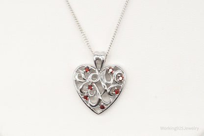 Vintage Garnet Heart Sterling Silver Necklace
