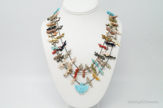 VTG Native America Fox Fetish Carved Multi Gem Sterling Silver Necklace