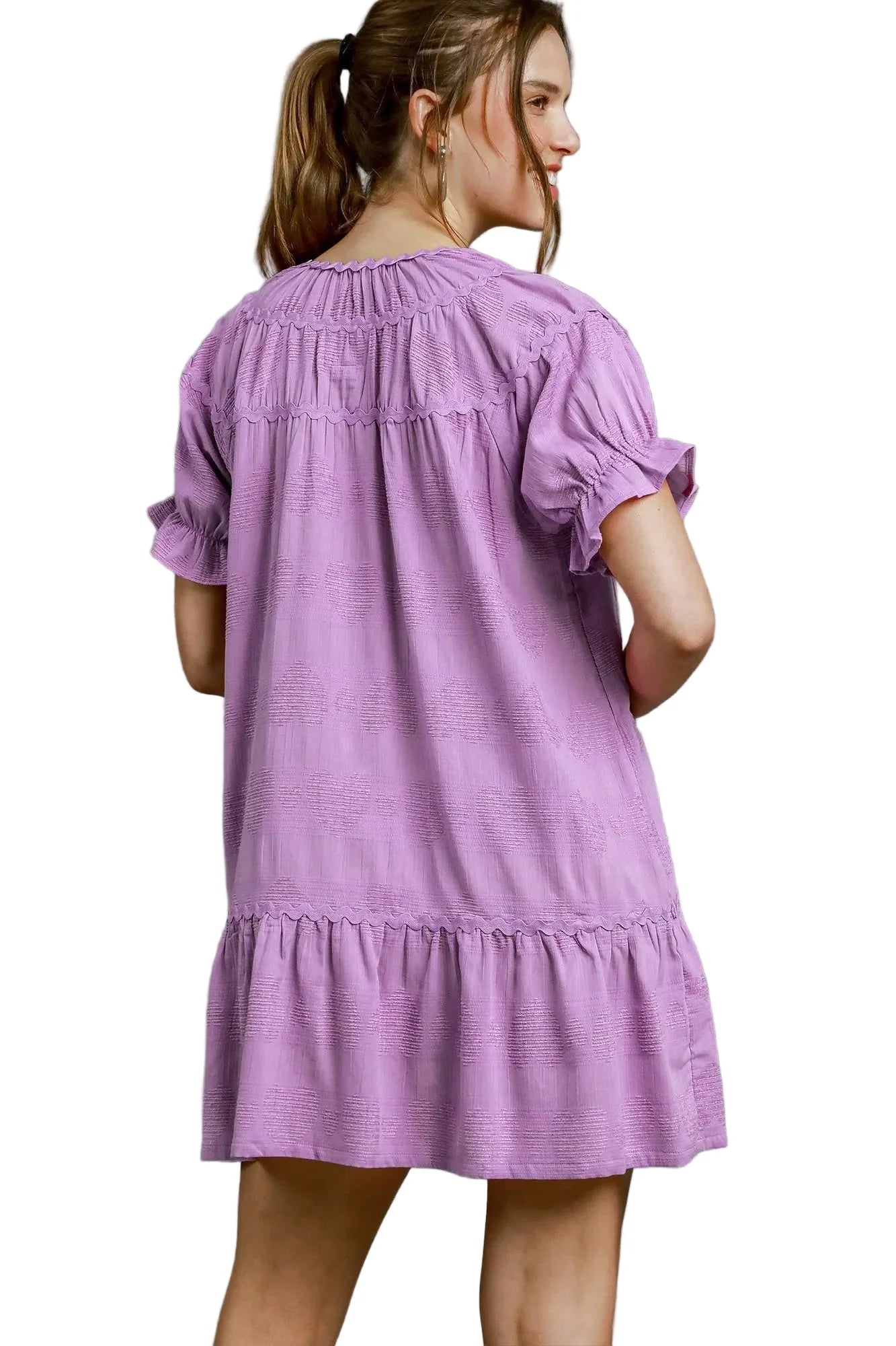 Garden Naked Womens Casual Mini Dress Sweet Ruffle Trim Puff Sleeve Babydoll Flared Lavender Purple Summer Daily Wear