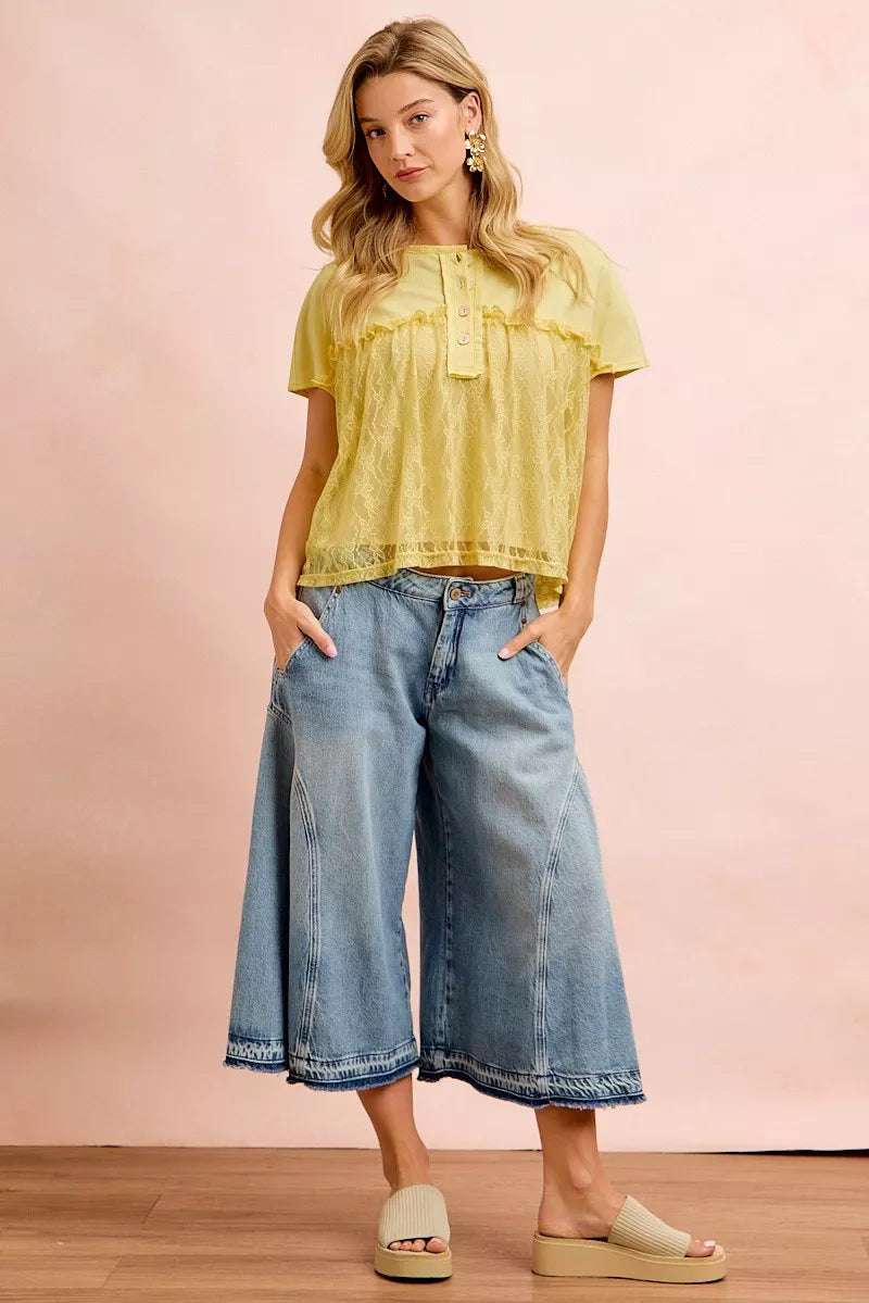 BiBi Solid Jersey With Lace Combo Ruffled Buttoned Top