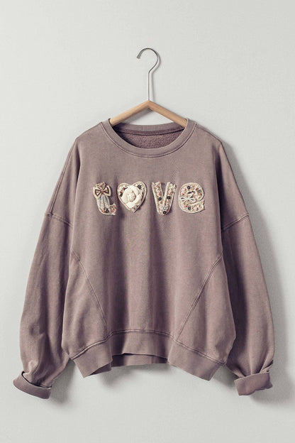 Boho "Love" Embellished Mineral Wash Sweatshirt