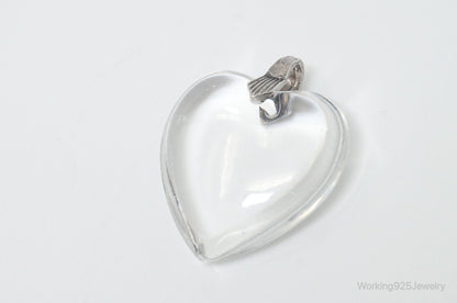 Vintage Large Glass Heart Sterling Silver Necklace Pendant