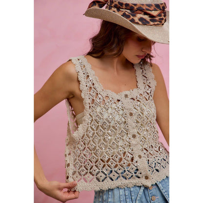 Sequin Diamond Crochet Lace Button-Down Vest Top