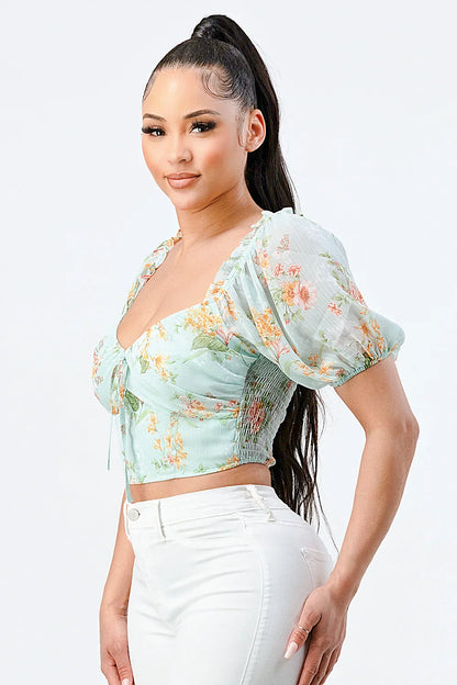 FLORAL CHIFFON SMOCKED SWEETHEART TOP