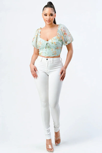 FLORAL CHIFFON SMOCKED SWEETHEART TOP