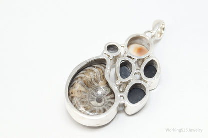 Vintage Large Fossil Shell Mystic Topaz Sterling Silver Abalone Necklace Pendant