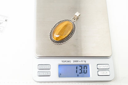 Vintage Large Southwestern Tigers Eye Sterling Silver Necklace Pendant