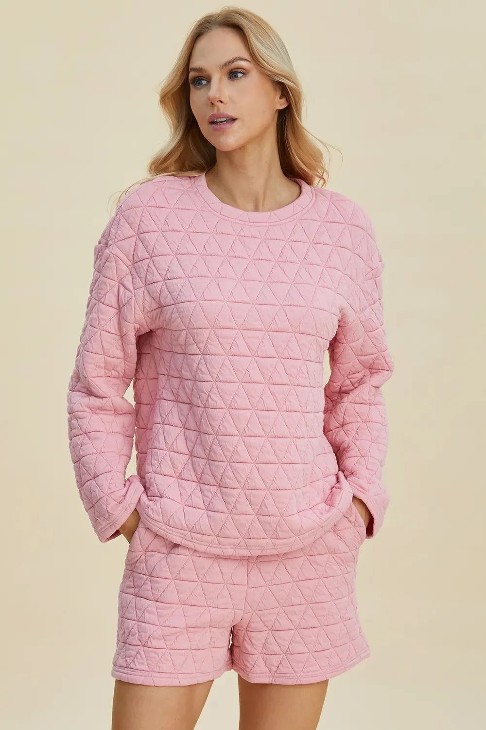 Double Take Textured Long Sleeve Top & Shorts Set