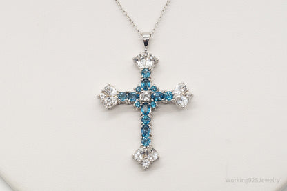 Vintage Blue Topaz Cubic Zirconia Cross Sterling Silver Necklace
