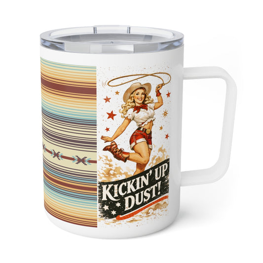 10oz Insulated Coffee Mug — Retro Southwest Stripe & 'Kickin' Up Dust' Cowgirl Design