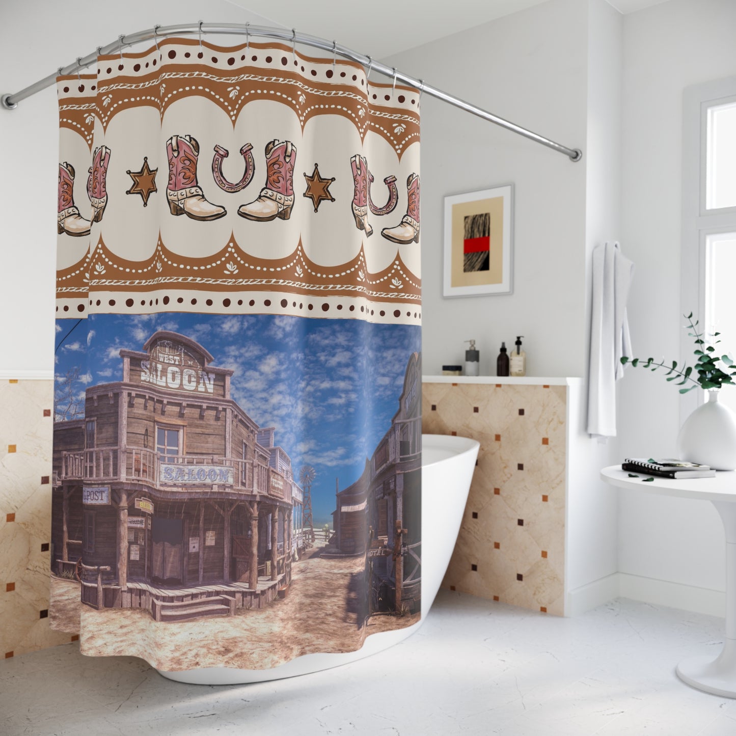 Western Saloon Shower Curtain – Cowboy Boots, Horseshoe & Old Town Bathroom Decor
