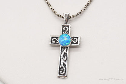 Vintage Blue Opal Sterling Silver Cross Necklace