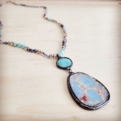 Amazonite & Crystal Long Beaded Necklace w/ Large Jasper Pendant 262q