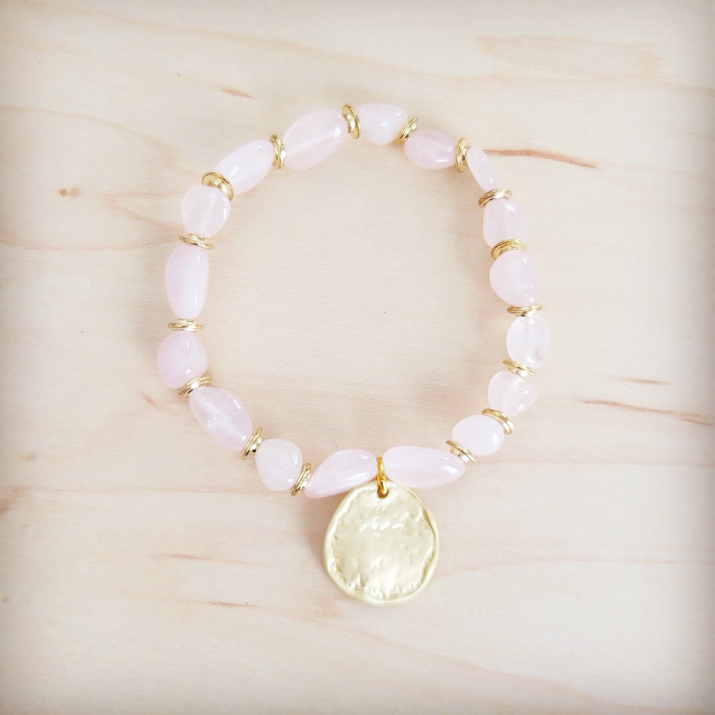 Rose Quartz Beaded Stretch Bracelet w/ Gold Coin Charm 811u