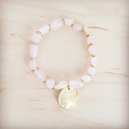Rose Quartz Beaded Stretch Bracelet w/ Gold Coin Charm 811u