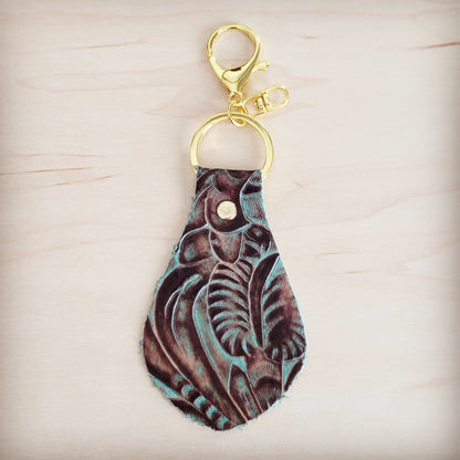 Embossed Leather Key Chain - Turquoise Brown Floral 700u