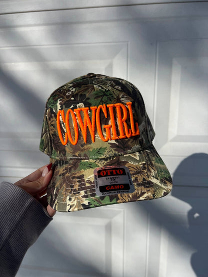 Camo Neon Cowgirl Embroidered Trucker Hat 