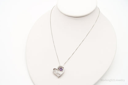 Vintage Designer SAI Amethyst Diamond Heart "Mom" Sterling Silver Necklace
