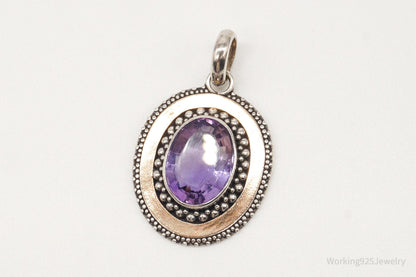 Large Vintage Amethyst Two Tone Sterling Silver Pendant