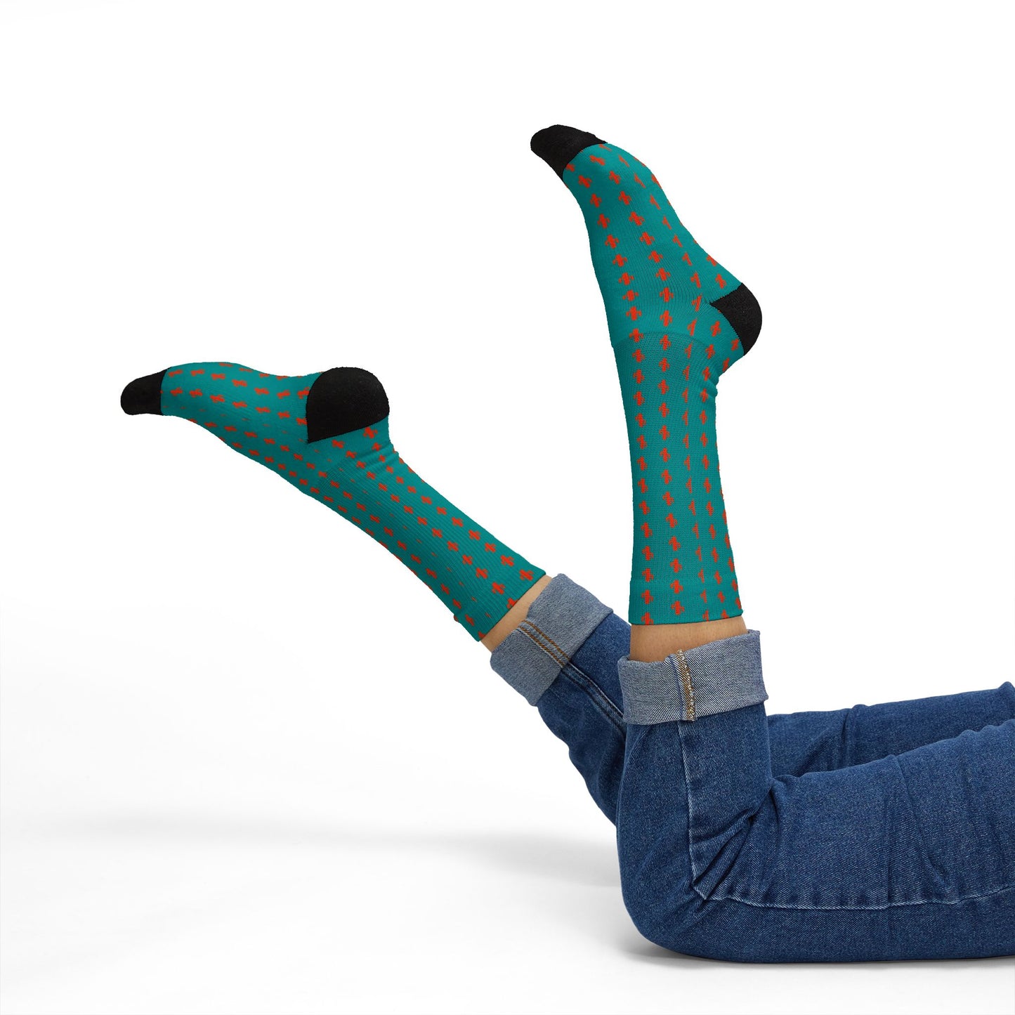 Colorful Patterned Sublimation Socks — Teal Dot & Multistripe Crew Socks