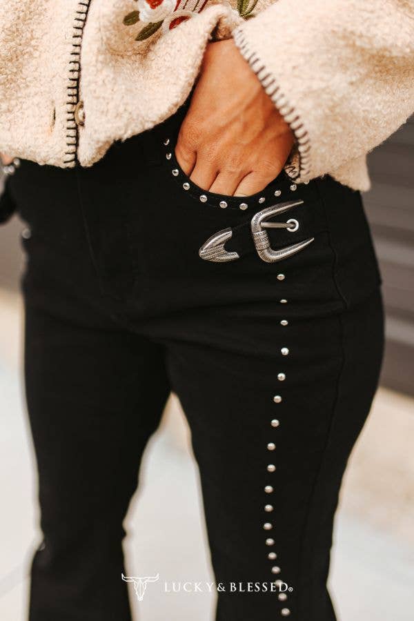 Black Vintage Studded Front Side Buckle Pants