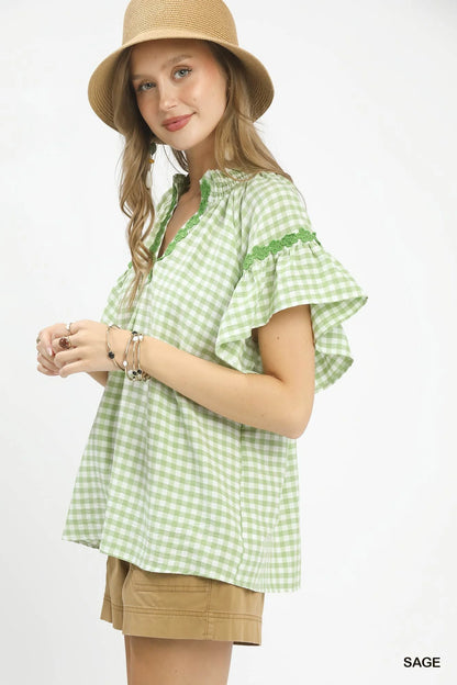 Umgee Gingham Lace Trim Top in Sage