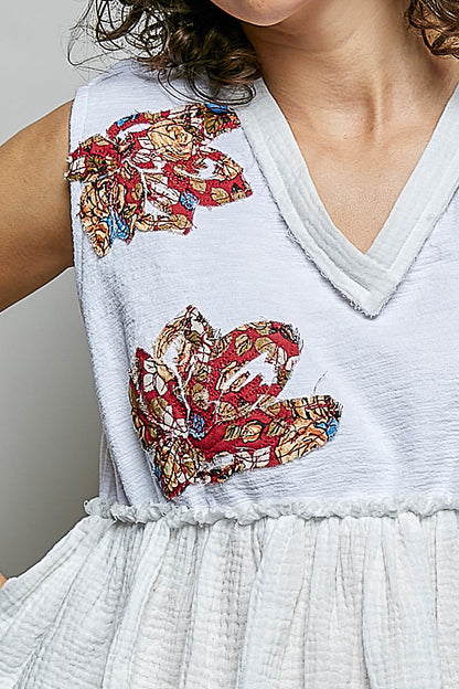POL Floral Patch Ruffled Sleeveless Top with Raw Edge Detail