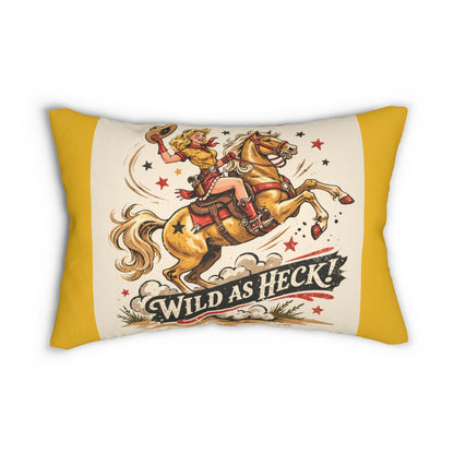 Wild As Heck Cowboy Lumbar Pillow — Retro Cowgirl Riding Horse Design