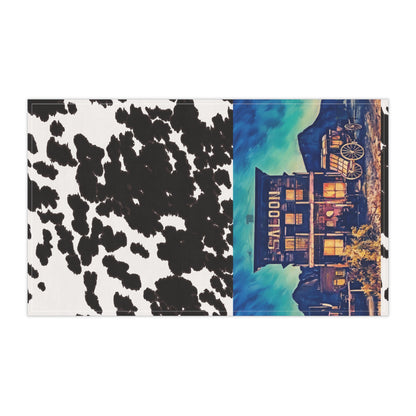 Cowhide Saloon Tea Towel — Western Saloon Kitchen Towel with Vintage Wagon Design