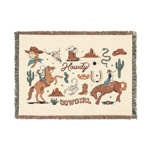 Cowboy Western Woven Blanket — Rodeo Cowboy & Cactus Throw