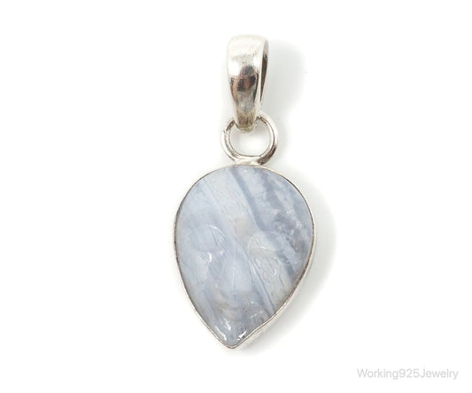 Vintage Blue Lace Agate Moon Face Sterling Silver Pendant