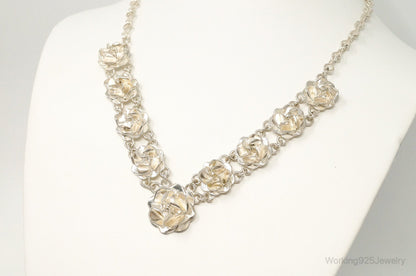 Vintage Mexico 3D Flowers Bloom Sterling Silver Necklace
